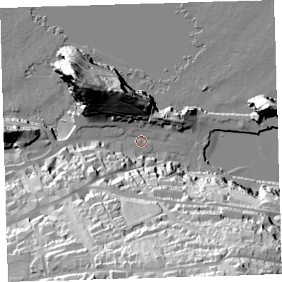 Shaded relief map of the ground around EX349BQ, computed from Environment Agency LiDAR. The ground here sits at about 7 m above sea level and falls 91 m across the surrounding 800 m. Surface water reaching this point runs off ground lying to the south, 75.7 m higher.