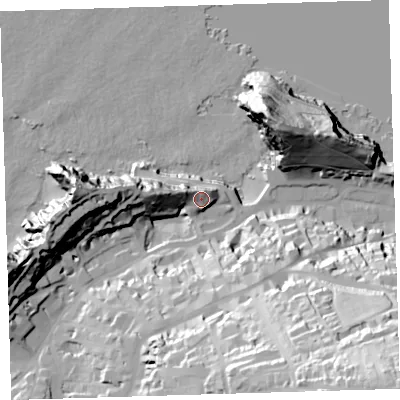 Shaded relief map of the ground around EX349BZ, computed from Environment Agency LiDAR. The ground here sits at about 16 m above sea level and falls 78 m across the surrounding 800 m. Surface water reaching this point runs off ground lying to the north-north-west, 7.8 m higher.