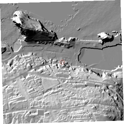 Shaded relief map of the ground around EX349ED, computed from Environment Agency LiDAR. The ground here sits at about 8 m above sea level and falls 102 m across the surrounding 800 m. Surface water reaching this point runs off ground lying to the south-south-west, 44.7 m higher.