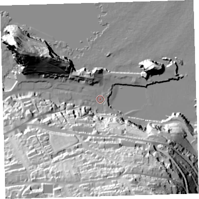 Shaded relief map of the ground around EX349EE, computed from Environment Agency LiDAR. The ground here sits at about 6 m above sea level and falls 98 m across the surrounding 800 m. Surface water reaching this point runs off ground lying to the south-south-east, 94.2 m higher.