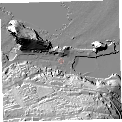 Shaded relief map of the ground around EX349EF, computed from Environment Agency LiDAR. The ground here sits at about 6 m above sea level and falls 91 m across the surrounding 800 m. Surface water reaching this point runs off ground lying to the south, 77.0 m higher.