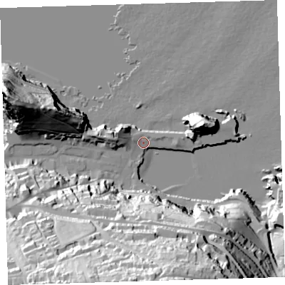 Shaded relief map of the ground around EX349EG, computed from Environment Agency LiDAR. The ground here sits at about 6 m above sea level and falls 84 m across the surrounding 800 m. Surface water reaching this point runs off ground lying to the west-north-west, 3.4 m higher.