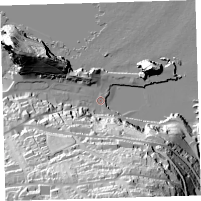 Shaded relief map of the ground around EX349EH, computed from Environment Agency LiDAR. The ground here sits at about 5 m above sea level and falls 98 m across the surrounding 800 m. Surface water reaching this point runs off ground lying to the south-south-east, 94.5 m higher.