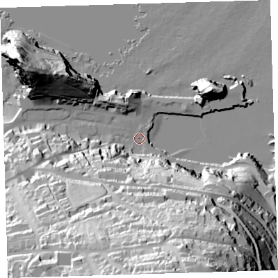 Shaded relief map of the ground around EX349EJ, computed from Environment Agency LiDAR. The ground here sits at about 5 m above sea level and falls 99 m across the surrounding 800 m. Surface water reaching this point runs off ground lying to the south-south-east, 96.0 m higher.