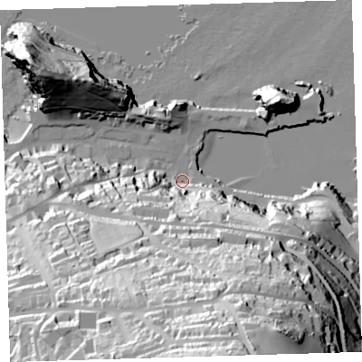Shaded relief map of the ground around EX349EL, computed from Environment Agency LiDAR. The ground here sits at about 6 m above sea level and falls 108 m across the surrounding 800 m. Surface water reaching this point runs off ground lying to the south-south-east, 104.2 m higher.