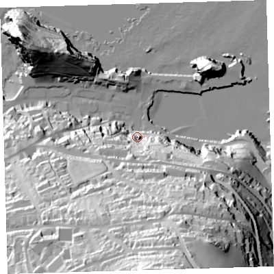 Shaded relief map of the ground around EX349EN, computed from Environment Agency LiDAR. The ground here sits at about 15 m above sea level and falls 115 m across the surrounding 800 m. Surface water reaching this point runs off ground lying to the south-south-east, 75.3 m higher.