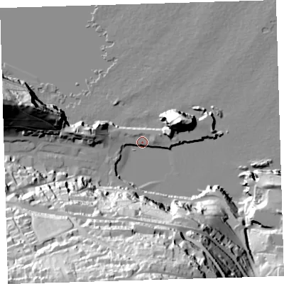 Shaded relief map of the ground around EX349EQ, computed from Environment Agency LiDAR. The ground here sits at about 6 m above sea level and falls 88 m across the surrounding 800 m. Surface water reaching this point runs off ground lying to the south, 87.1 m higher.