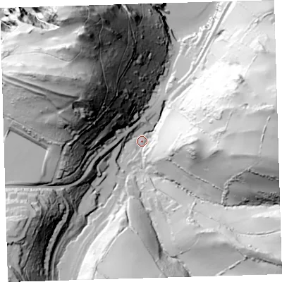 Shaded relief map of the ground around EX349PZ, computed from Environment Agency LiDAR. The ground here sits at about 17 m above sea level and falls 126 m across the surrounding 800 m. Surface water reaching this point runs off ground lying to the north-west, 100.1 m higher.
