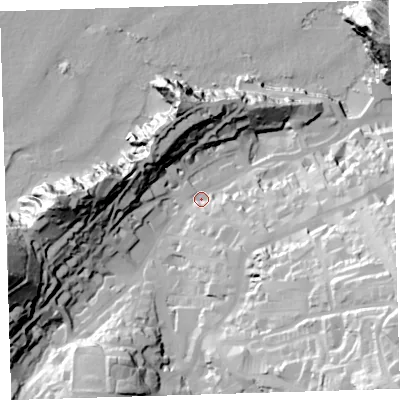 Shaded relief map of the ground around EX349QA, computed from Environment Agency LiDAR. The ground here sits at about 15 m above sea level and falls 77 m across the surrounding 800 m. Surface water reaching this point runs off ground lying to the south-east, 11.6 m higher.