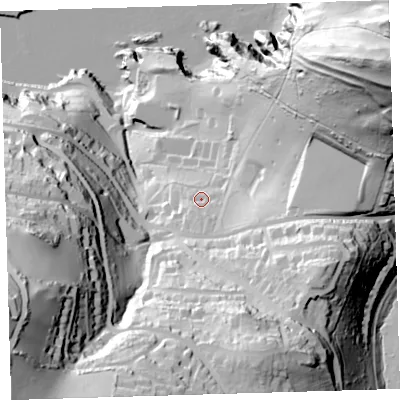 Shaded relief map of the ground around EX349QG, computed from Environment Agency LiDAR. The ground here sits at about 40 m above sea level and falls 120 m across the surrounding 800 m. Surface water reaching this point runs off ground lying to the south-south-east, 8.7 m higher.