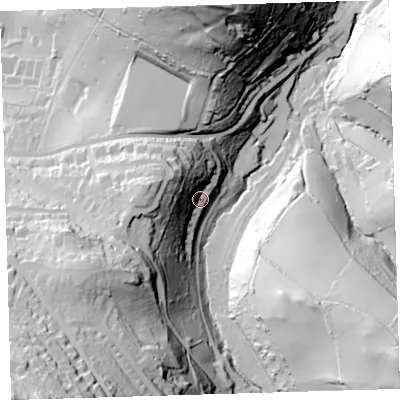 Shaded relief map of the ground around EX349QP, computed from Environment Agency LiDAR. The ground here sits at about 38 m above sea level and falls 131 m across the surrounding 800 m. Surface water reaching this point runs off ground lying to the west-north-west, 45.4 m higher.
