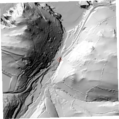 Shaded relief map of the ground around EX349QY, computed from Environment Agency LiDAR. The ground here sits at about 14 m above sea level and falls 127 m across the surrounding 800 m. Surface water reaching this point runs off ground lying to the east, 112.3 m higher.