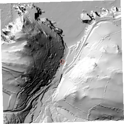 Shaded relief map of the ground around EX349QZ, computed from Environment Agency LiDAR. The ground here sits at about 9 m above sea level and falls 127 m across the surrounding 800 m. Surface water reaching this point runs off ground lying to the north-west, 120.0 m higher.