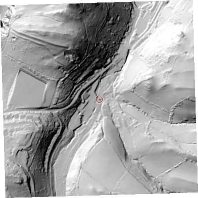 Shaded relief map of the ground around EX349RA, computed from Environment Agency LiDAR. The ground here sits at about 19 m above sea level and falls 115 m across the surrounding 800 m. Surface water reaching this point runs off ground lying to the east, 88.0 m higher.
