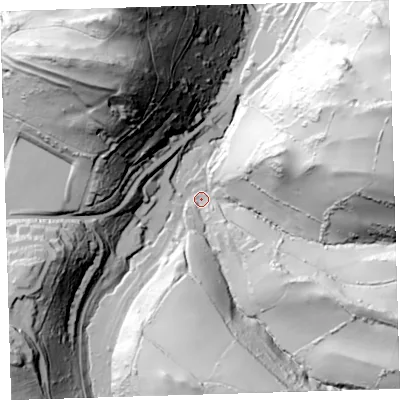 Shaded relief map of the ground around EX349RB, computed from Environment Agency LiDAR. The ground here sits at about 21 m above sea level and falls 113 m across the surrounding 800 m. Surface water reaching this point runs off ground lying to the east-south-east, 73.8 m higher.