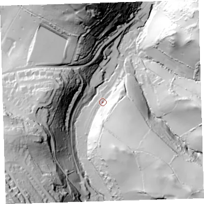 Shaded relief map of the ground around EX349RD, computed from Environment Agency LiDAR. The ground here sits at about 27 m above sea level and falls 115 m across the surrounding 800 m. Surface water reaching this point runs off ground lying to the south-south-east, 44.9 m higher.