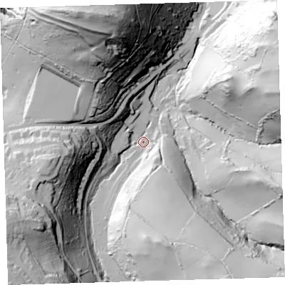 Shaded relief map of the ground around EX349RF, computed from Environment Agency LiDAR. The ground here sits at about 22 m above sea level and falls 107 m across the surrounding 800 m. Surface water reaching this point runs off ground lying to the south-south-east, 42.0 m higher.