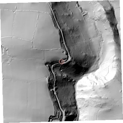 Shaded relief map of the ground around EX349RH, computed from Environment Agency LiDAR. The ground here sits at about 156 m above sea level and falls 170 m across the surrounding 800 m. Surface water reaching this point runs off ground lying to the west-north-west, 24.7 m higher.