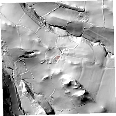 Shaded relief map of the ground around EX349RL, computed from Environment Agency LiDAR. The ground here sits at about 104 m above sea level and falls 123 m across the surrounding 800 m. Surface water reaching this point runs off ground lying to the south-east, 42.3 m higher.