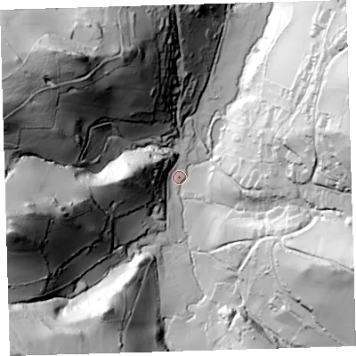 Shaded relief map of the ground around EX349SD, computed from Environment Agency LiDAR. The ground here sits at about 30 m above sea level and falls 121 m across the surrounding 800 m. Surface water reaching this point runs off ground lying to the west-south-west, 113.7 m higher.