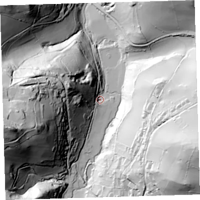Shaded relief map of the ground around EX349SH, computed from Environment Agency LiDAR. The ground here sits at about 24 m above sea level and falls 126 m across the surrounding 800 m. Surface water reaching this point runs off ground lying to the west-north-west, 57.1 m higher.
