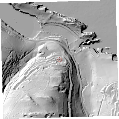 Shaded relief map of the ground around EX349SJ, computed from Environment Agency LiDAR. The ground here sits at about 33 m above sea level and falls 106 m across the surrounding 800 m. Surface water reaching this point runs off ground lying to the south, 13.0 m higher.