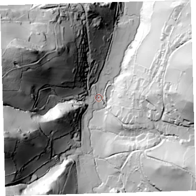 Shaded relief map of the ground around EX349SQ, computed from Environment Agency LiDAR. The ground here sits at about 28 m above sea level and falls 121 m across the surrounding 800 m. Surface water reaching this point runs off ground lying to the west-north-west, 116.3 m higher.