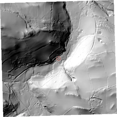 Shaded relief map of the ground around EX349TB, computed from Environment Agency LiDAR. The ground here sits at about 44 m above sea level and falls 124 m across the surrounding 800 m. Surface water reaching this point runs off ground lying to the west-north-west, 111.0 m higher.