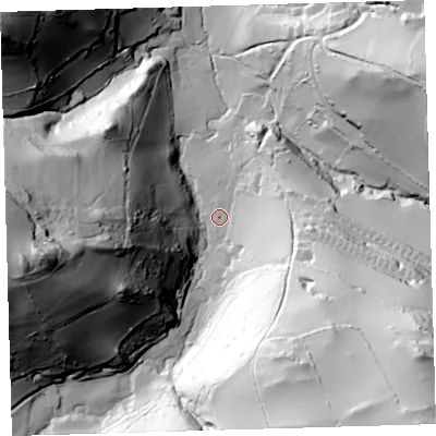 Shaded relief map of the ground around EX349TD, computed from Environment Agency LiDAR. The ground here sits at about 39 m above sea level and falls 109 m across the surrounding 800 m. Surface water reaching this point runs off ground lying to the west-south-west, 99.0 m higher.