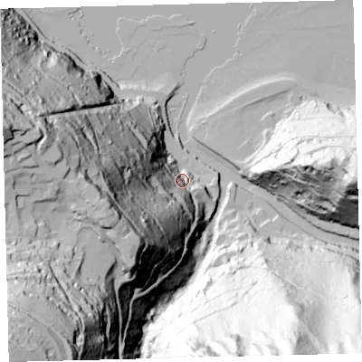 Shaded relief map of the ground around EX356EF, computed from Environment Agency LiDAR. The ground here sits at about 17 m above sea level and falls 219 m across the surrounding 800 m. Surface water reaching this point runs off ground lying to the west-south-west, 125.0 m higher.