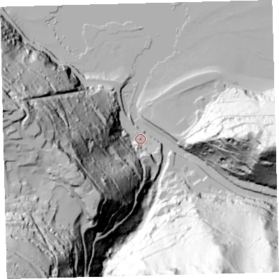 Shaded relief map of the ground around EX356EH, computed from Environment Agency LiDAR. The ground here sits at about 7 m above sea level and falls 213 m across the surrounding 800 m. Surface water reaching this point runs off ground lying to the west-south-west, 126.6 m higher.