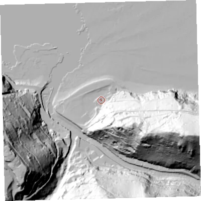 Shaded relief map of the ground around EX356EN, computed from Environment Agency LiDAR. The ground here sits at about 8 m above sea level and falls 142 m across the surrounding 800 m. Surface water reaching this point runs off ground lying to the east-south-east, 99.2 m higher.