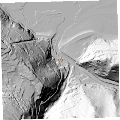 Shaded relief map of the ground around EX356EX, computed from Environment Agency LiDAR. The ground here sits at about 7 m above sea level and falls 211 m across the surrounding 800 m. Surface water reaching this point runs off ground lying to the west-south-west, 126.6 m higher.
