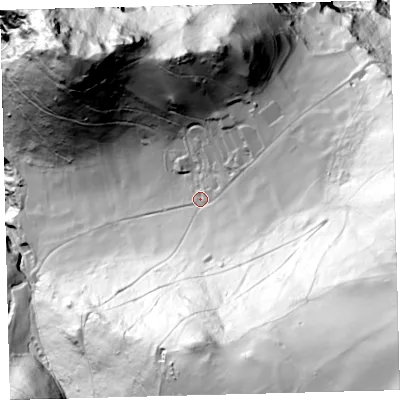Shaded relief map of the ground around EX356JL, computed from Environment Agency LiDAR. The ground here sits at about 92 m above sea level and falls 261 m across the surrounding 800 m. Surface water reaching this point runs off ground lying to the south-east, 173.5 m higher.