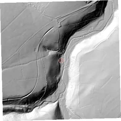 Shaded relief map of the ground around EX356JR, computed from Environment Agency LiDAR. The ground here sits at about 225 m above sea level and falls 80 m across the surrounding 800 m. Surface water reaching this point runs off ground lying to the west-south-west, 69.2 m higher.