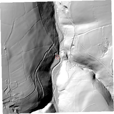 Shaded relief map of the ground around EX356LH, computed from Environment Agency LiDAR. The ground here sits at about 213 m above sea level and falls 103 m across the surrounding 800 m. Surface water reaching this point runs off ground lying to the west, 92.7 m higher.