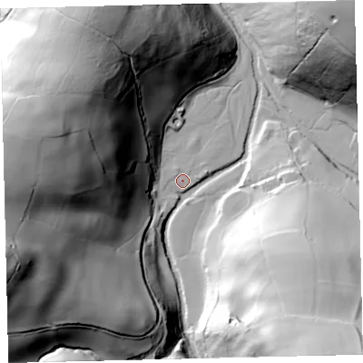 Shaded relief map of the ground around EX356NU, computed from Environment Agency LiDAR. The ground here sits at about 226 m above sea level and falls 104 m across the surrounding 800 m. Surface water reaching this point runs off ground lying to the north-north-west, 1.1 m higher.