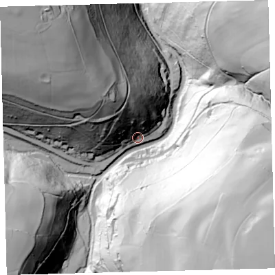 Shaded relief map of the ground around EX356PD, computed from Environment Agency LiDAR. The ground here sits at about 185 m above sea level and falls 144 m across the surrounding 800 m. Surface water reaching this point runs off ground lying to the north-north-west, 49.3 m higher.