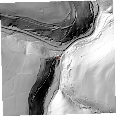 Shaded relief map of the ground around EX356PG, computed from Environment Agency LiDAR. The ground here sits at about 193 m above sea level and falls 122 m across the surrounding 800 m. Surface water reaching this point runs off ground lying to the east-south-east, 101.7 m higher.