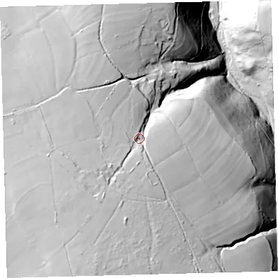 Shaded relief map of the ground around EX356PH, computed from Environment Agency LiDAR. The ground here sits at about 284 m above sea level and falls 113 m across the surrounding 800 m. Surface water reaching this point runs off ground lying to the south-south-west, 30.9 m higher.