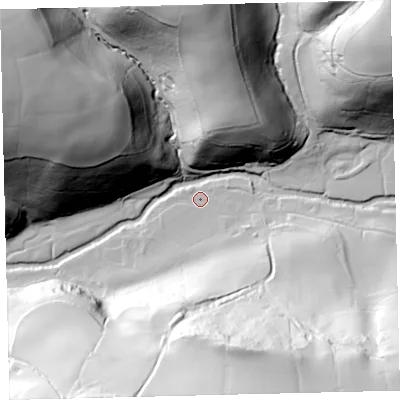 Shaded relief map of the ground around EX356PS, computed from Environment Agency LiDAR. The ground here sits at about 192 m above sea level and falls 99 m across the surrounding 800 m. Surface water reaching this point runs off ground lying to the south-south-east, 23.6 m higher.
