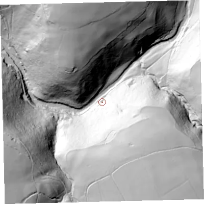 Shaded relief map of the ground around EX356PT, computed from Environment Agency LiDAR. The ground here sits at about 184 m above sea level and falls 144 m across the surrounding 800 m. Surface water reaching this point runs off ground lying to the south-south-east, 126.2 m higher.