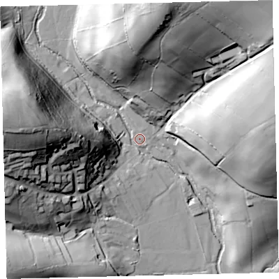 Shaded relief map of the ground around EX363JJ, computed from Environment Agency LiDAR. The ground here sits at about 141 m above sea level and falls 74 m across the surrounding 800 m. Surface water reaching this point runs off ground lying to the west, 68.9 m higher.