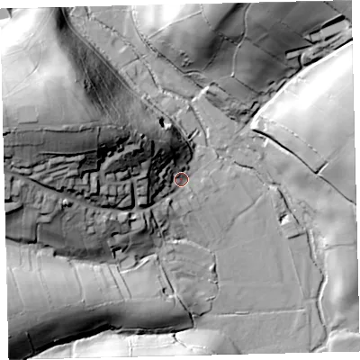 Shaded relief map of the ground around EX363JQ, computed from Environment Agency LiDAR. The ground here sits at about 145 m above sea level and falls 75 m across the surrounding 800 m. Surface water reaching this point runs off ground lying to the west-north-west, 65.6 m higher.