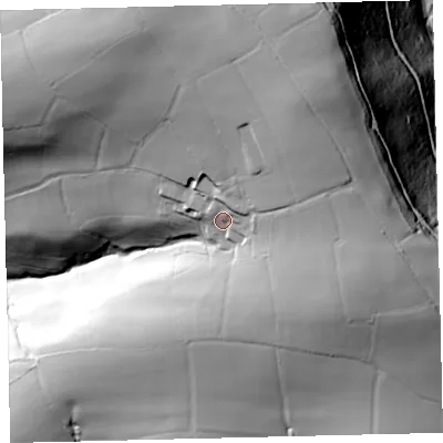 Shaded relief map of the ground around EX363JY, computed from Environment Agency LiDAR. The ground here sits at about 234 m above sea level and falls 115 m across the surrounding 800 m. Surface water reaching this point runs off ground lying to the north-east, 21.6 m higher.