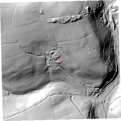 Shaded relief map of the ground around EX363LE, computed from Environment Agency LiDAR. The ground here sits at about 228 m above sea level and falls 86 m across the surrounding 800 m. Surface water reaching this point runs off ground lying to the north, 47.2 m higher.