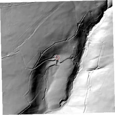 Shaded relief map of the ground around EX363LG, computed from Environment Agency LiDAR. The ground here sits at about 322 m above sea level and falls 153 m across the surrounding 800 m. Surface water reaching this point runs off ground lying to the north-north-west, 98.6 m higher.