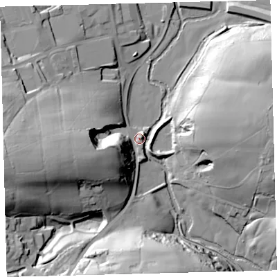 Shaded relief map of the ground around EX363LJ, computed from Environment Agency LiDAR. The ground here sits at about 104 m above sea level and falls 46 m across the surrounding 800 m. Surface water reaching this point runs off ground lying to the west, 42.7 m higher.