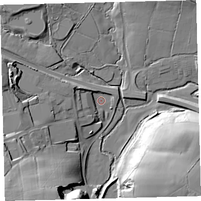 Shaded relief map of the ground around EX363LZ, computed from Environment Agency LiDAR. The ground here sits at about 103 m above sea level and falls 40 m across the surrounding 800 m. Surface water reaching this point runs off ground lying to the west-north-west, 9.7 m higher.