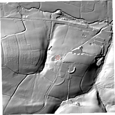 Shaded relief map of the ground around EX363NW, computed from Environment Agency LiDAR. The ground here sits at about 148 m above sea level and falls 68 m across the surrounding 800 m. Surface water reaching this point runs off ground lying to the south-south-east, 7.9 m higher.